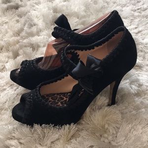 Betsey Johnson Black Velvet Peep Toe Bow Heel